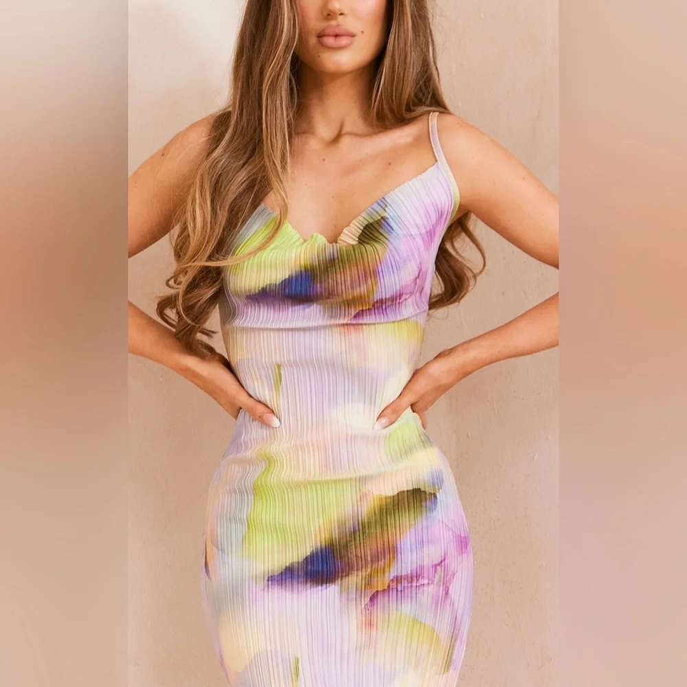 PLT Women’s multicolor watercolor plisse maxi dress | cowl neck | | size 6 | NWT - Picture 10 of 11
